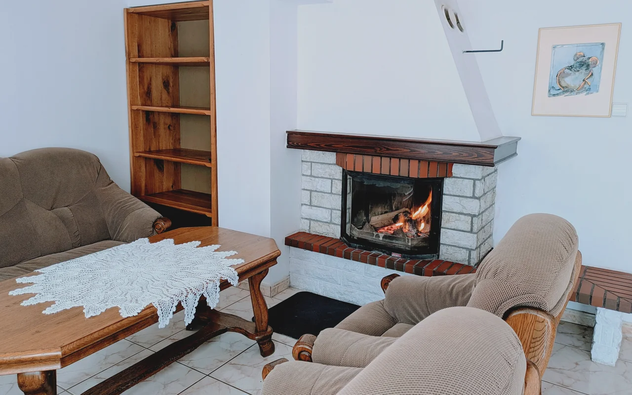 Apartament z kominkiem i salonem otwierającym się na taras
